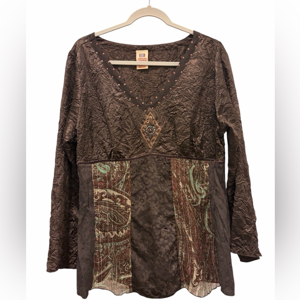 Faded Glory 90’s Cowgirl Rodeo Darkest Brown V-Neck Patchwork Blouse Size 18/20